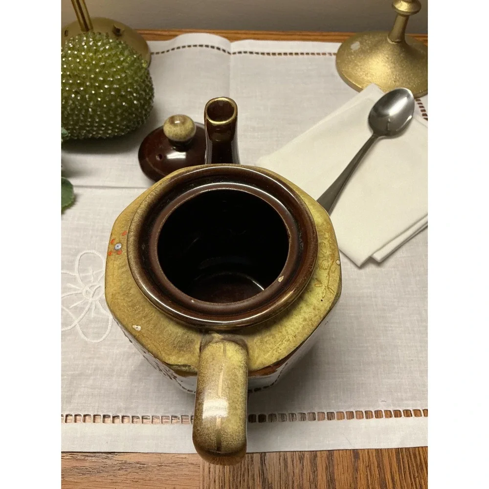 Vintage Japanese Ceramic Teapot Brown Drip Glaze‎ Hand Painted Floral Hexagonal